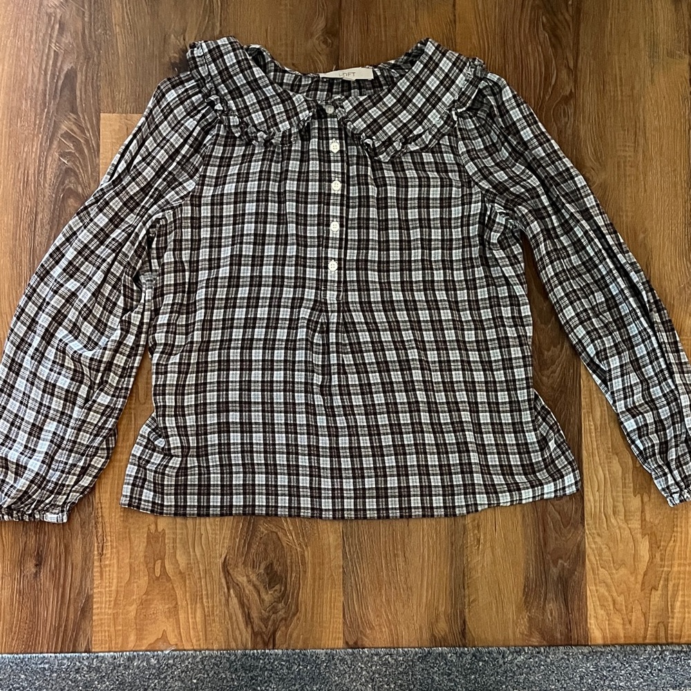 LOFT brown and White Plaid Ruffle-Collar Button Down Blouse